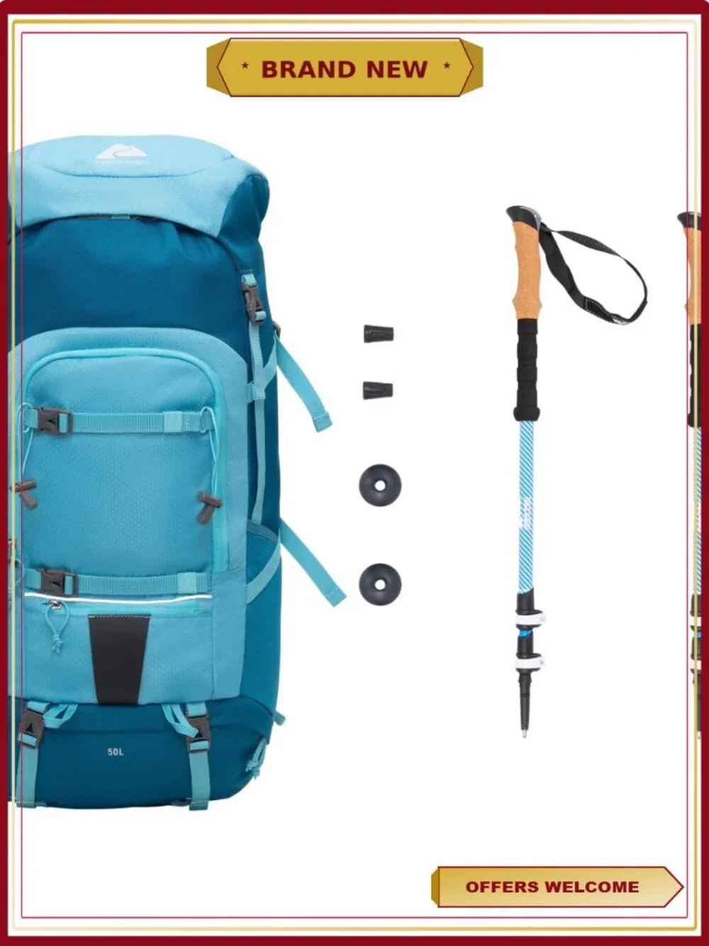 50L Hiking Backpack with 420D HEXGON/600D Fabric, Trekking Poles Set